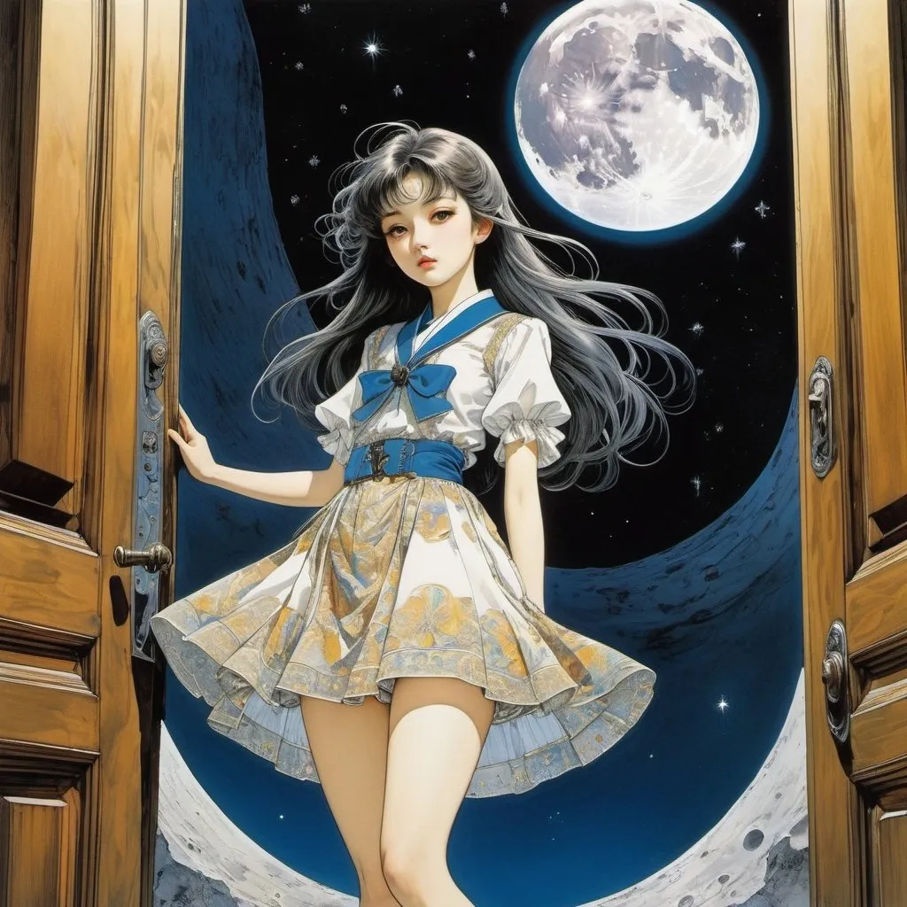 Prompt: Harry Clarke, Katsuya Terada, Tatsuyuki Tanaka, Surreal, mysterious, bizarre, fantastical, fantasy, sci-fi, Japanese anime, door leading to the moon, the surface of the moon spreads out beyond the open door, beautiful high school girl in a miniskirt leaning on the inside of the door, perfect voluminous body, looking at the surface of the moon, starry sky, nebula, detailed masterpiece 