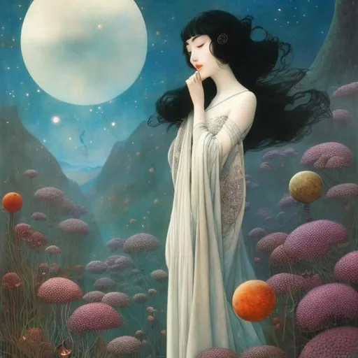 Prompt: Edmund Dulac, Charles Doyle, Christian Riese Lassen, Japanese Anime, Surreal Mysterious Strange Fantastic Fantasy Sci-Fi, Fantastic,  Collector, Collecting the Universe, Stars Sleeping Underground, a beautiful perfect body girl, hyper detailed, high resolution high definition high quality masterpiece 