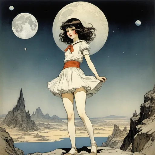 Prompt: Arthur Rackham, Kenny Meadows, Coles Phillips, Winsor McCay, Shigeru Tamura, Surrealism, wonder, strange, bizarre, fantasy, Sci-fi, Japanese anime, lunar terrain observation guide, craters, oceans, mountains to the far side of the moon, miniskirt beautiful high school girl, perfect voluminous body, astronomy, detailed masterpiece 