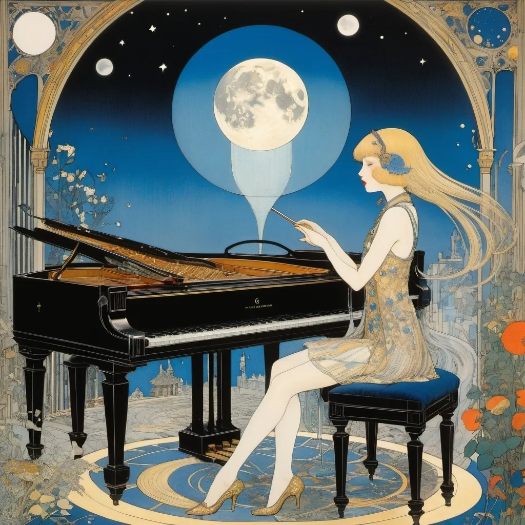 Prompt: Harry Clarke, Anton Pieck, George Barbier, Frank Cadogan Cowper, Gladys Hynes, Surrealism, wonder, strange, fantastical, fantasy, Sci-fi, Japanese anime, Moon City Star Garden, beautiful blonde miniskirt girl Alice, perfect voluminous body, moonlight pieces raining on piano player, detailed masterpiece low high angles dynamic perspectives