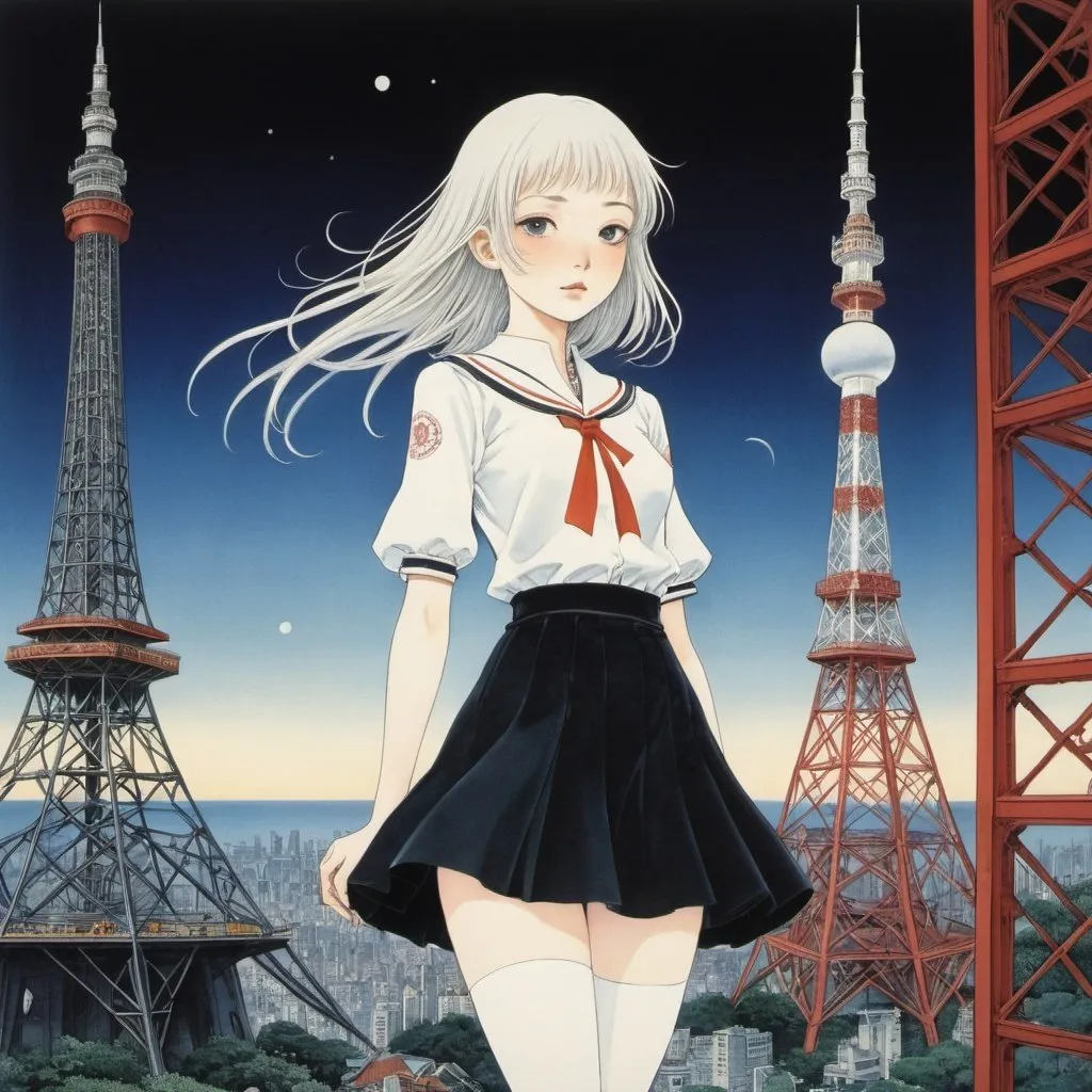 Prompt: Kay Nielsen, Trini Tinturé, Ayano Imai, Akiko Hayashi, Erol Otus, Surrealism, wonder, strange, fantastical, fantasy, Sci-fi, Japanese anime, the world between midday and midnight, the eternal boundary line, beautiful high school girl in a soft mechanical miniskirt, perfect voluminous body, Tokyo Tower, detailed masterpiece 