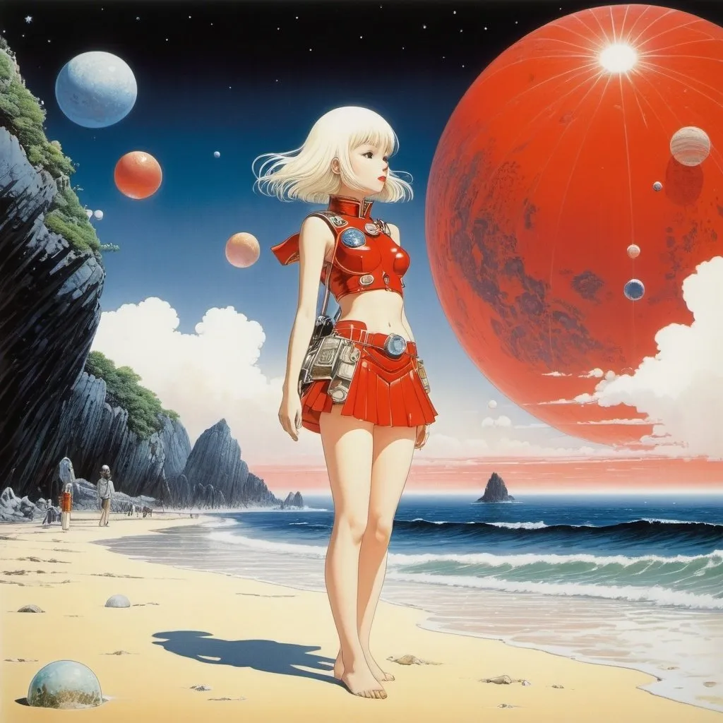 Prompt: Kay Nielsen, Katsuhiro Otomo, Else Wenz-Vietor, Serge Brignoni, Keiko Takemiya, Surrealism, wonder, strange, bizarre, fantasy, Sci-fi, Japanese anime, Martian beach, miniskirt beautiful girl space explorer's break, perfect voluminous body, cold cola, red sky, detailed masterpiece coquettish cute 