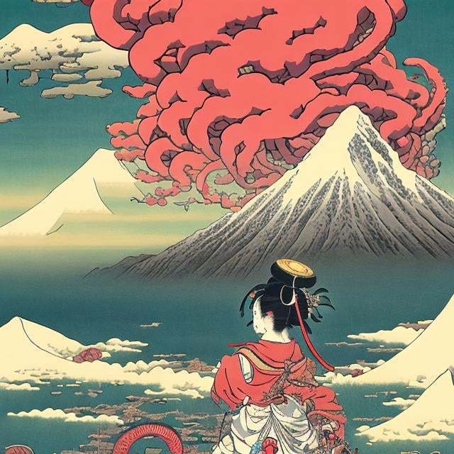 Prompt: ukiyoe painting　surreal　wondrous　strange　Whimsical　absurderes　fanciful　Sci-Fi Fantasy　Mount Everest　Spiral column　sea of clouds　Miniskirt schoolgirl　a beauty girl