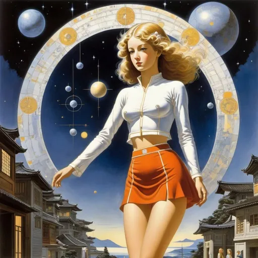 Prompt: Robert McCall, Paul Delvaux, Surreal, mysterious, strange, fantastical, fantasy, Sci-fi, Japanese anime, Metatron, entropic miniskirt beautiful girl, perfect body, astrology, detailed masterpiece 
