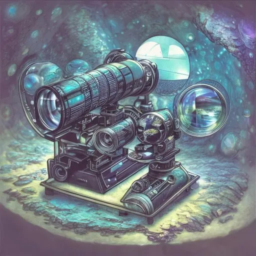 Prompt: Étienne-Louis Boullée drawing anime　surreal　fanciful　wondrous　strange　Whimsical　Sci-Fi Fantasy　lens　Slide projector　crystal　Department of Optics　Quartz or cylindrical stone　Phantasmagoria　telescopes　microscope　camera　Convex lens　teens girl