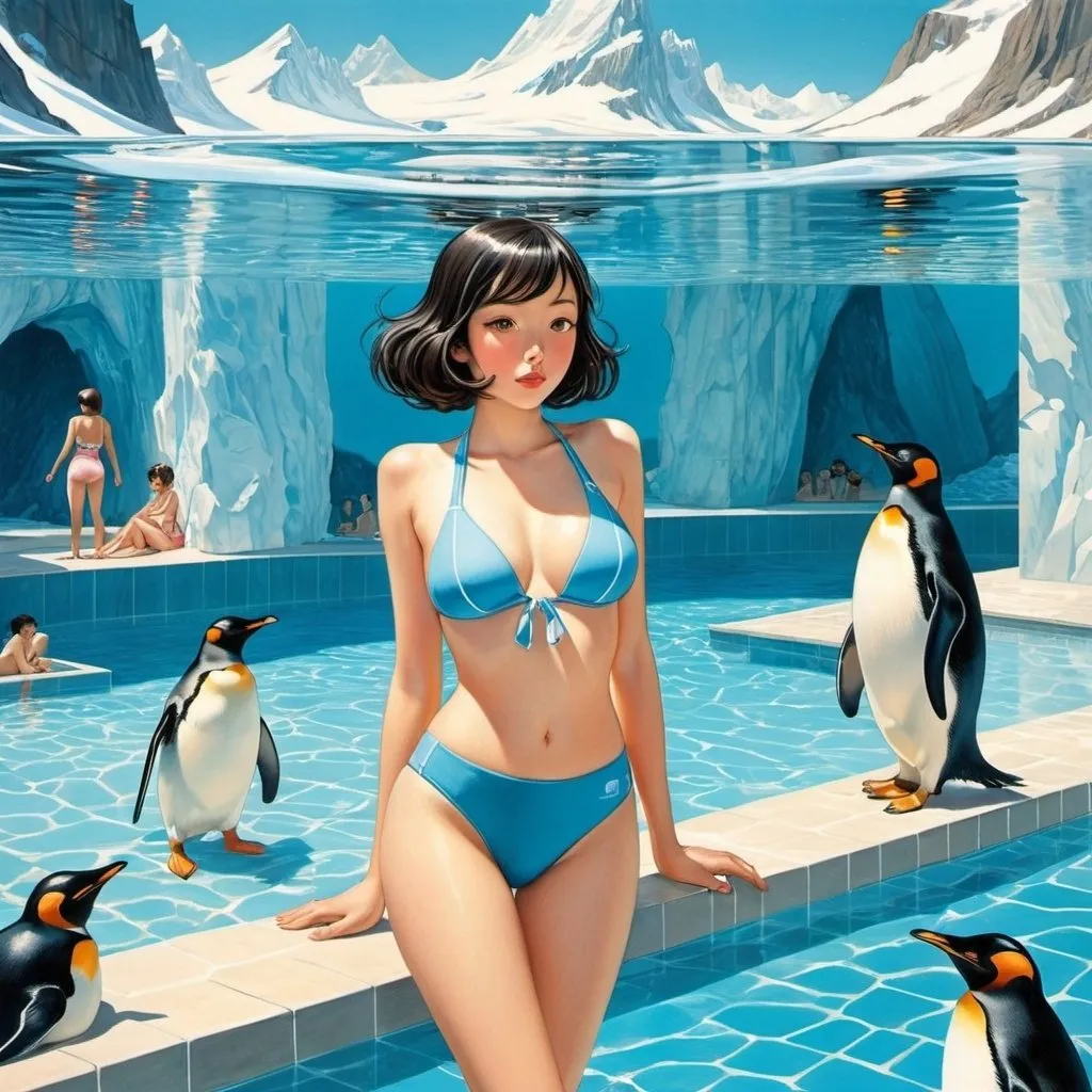 Prompt: Melchior Annen, Käthi Bhend, Mabel Attwell, Fred Bauer, Paul Kammüller, Surrealism, wonder, strange, bizarre, fantasy, Sci-fi, Japanese anime, lazy Sunday afternoon, iceberg in the pool in midsummer, penguin swimming, beautiful girl in a school swimsuit, perfect voluminous body, detailed masterpiece 