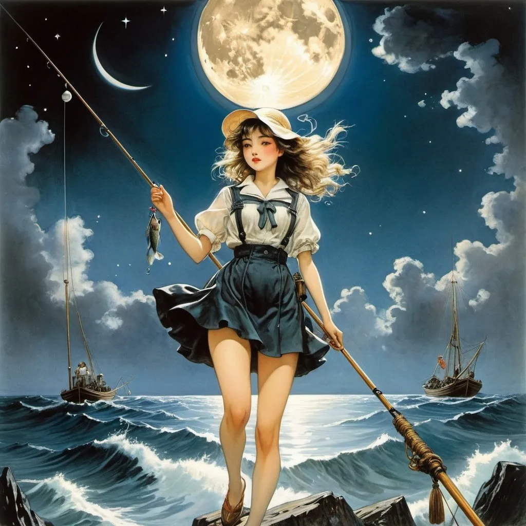 Prompt: Franz Cižek, Albertine Zullo, Serge Brignoni, Arthur Rackham, Fritz Wegner, Surrealism, strange, bizarre, fantastical, fantasy, Sci-fi, Japanese anime, pole-and-line fishing for moon tuna, setting sail on the ocean of the solar system, miniskirt beautiful high school girl fisherman, perfect voluminous body, detailed masterpiece 