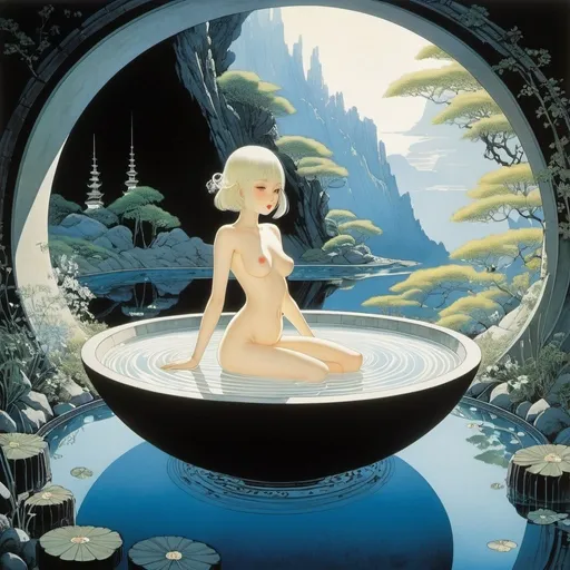 Prompt: Kay Nielsen, Jorge Longarón, Yuu Watase, Josep Maria Sert, Katsuhiro Otomo, Surrealism, wonder, strange, bizarre, fantasy, Sci-fi, Japanese anime, a hidden hot spring in the attic, a boyish beautiful girl who is relaxing to recover from fatigue, perfect voluminous body, detailed masterpiece 