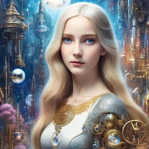 Prompt: Oliver Hasselluhn, Anne Anderson, Dadaism, wonder, strange, fantastical, fantasy, Sci-fi, Japanese anime, Mannerist time machine, beautiful girl who becomes a machine, perfect voluminous body, separates time and space, detailed masterpiece 