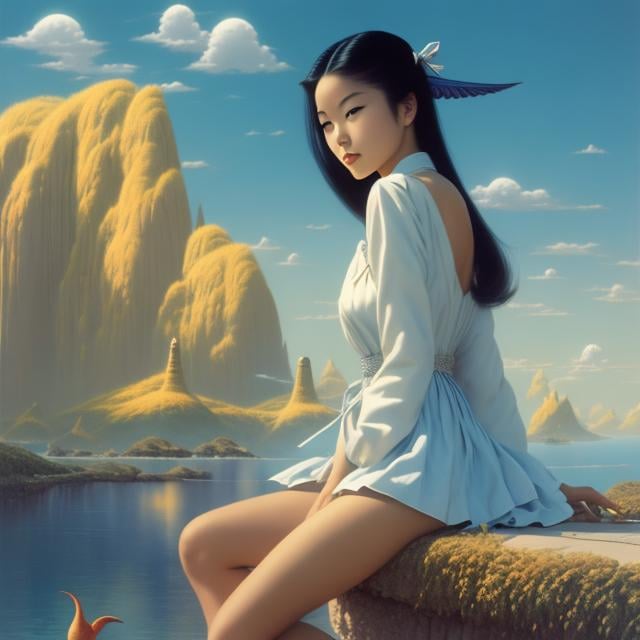 Prompt: Bruce Pennington, Yumiko Igarashi, Surreal, mysterious, strange, fantastical, fantasy, Sci-fi, Japanese anime, African land, beautiful blonde miniskirt girl Alice sitting on a bench, perfect volume body, detailed masterpiece 