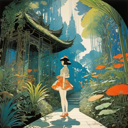 Prompt: Harry Clarke, Yuko Shimizu, Maurice Sendak, Rolf Armstrong, Mary Blair, Surrealism, wonder, strange, bizarre, fantasy, Sci-fi, Japanese anime, jungle garden architecture, 3D glass botanical garden, weather blueprint, beautiful high school girl in miniskirt, perfect voluminous body, detailed masterpiece 