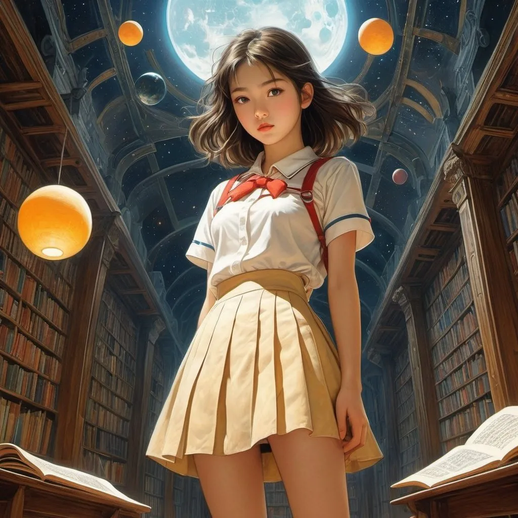 Prompt: Joseph Kuhn-Régnier, Mario Laboccetta, Surreal, mysterious, strange, fantastical, fantasy, Sci-fi, Japanese anime, history of the rectangle, philosophy for children, picture book for adults, under the lens, beautiful high school girl in a miniskirt, perfect voluminous body, detailed masterpiece 