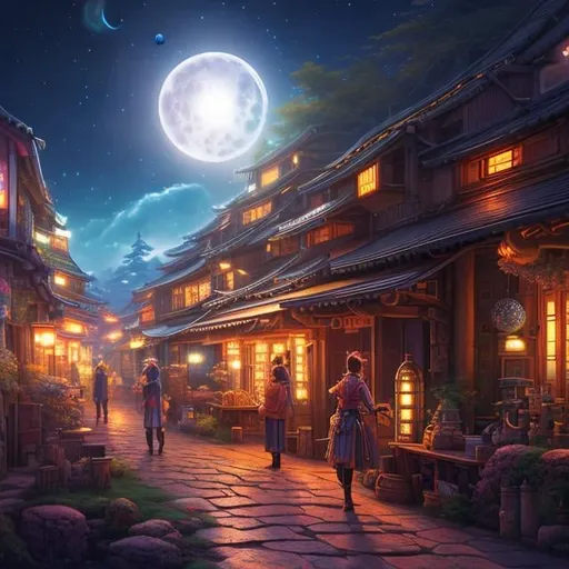 Prompt: Keith Parkinson Japanese Anime　Sci-Fi Fantasy　Spiral pills　Moonlit Night Moving Blacksmith　teens girl　One-eyed blacksmith　nighttime scene　 hyperdetailed high definition high resolution high quality masterpiece
