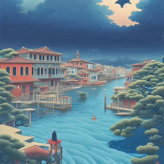 Prompt: Heikala, Hasui Kawase, Dorothea Tanning, Hokusai, Surreal, Mysterious, Strange, Fantastic, Fantasy, Sci-Fi, Japanese Anime, Venice, the City of Water, Water is time, and it gives beauty and its own alter ego. We are also part of water, and we too In this way, this town serves beauty. It scrubs the water and improves the appearance of time. That is the role of this town in the universe. We move, but the town does not. Tears are proof of that. For we are gone, and beauty remains, detailed masterpiece 