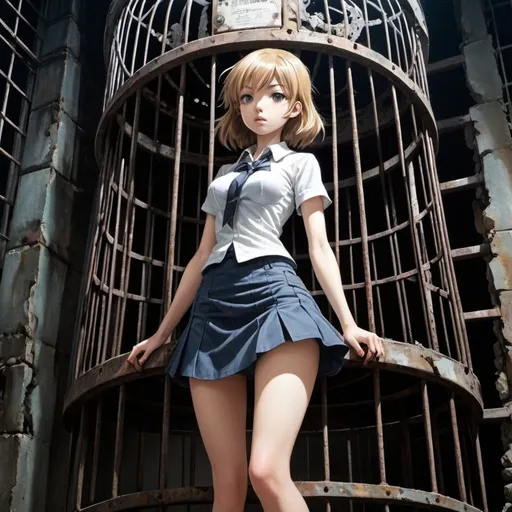 Prompt: Nicole Rubel, Katsuji Matsumoto, Surrealism, wonder, strange, bizarre, fantasy, Sci-fi, Japanese anime, broken mechanical tower in a cage, regenerating ruins, balance between light and darkness, beautiful high school girl in a miniskirt in front of a cage, perfect voluminous body, detailed masterpiece 