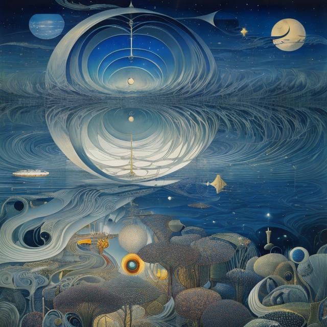 Prompt: Kay Nielsen, John Tunnard, Surreal, mysterious, strange, fantastical, fantasy, Sci-fi, Japanese anime, the watchmaker and the astronomer, the last time machine, the spring and the chronometer, the speed of darkness, detailed masterpiece bird’s eye view wide angles 