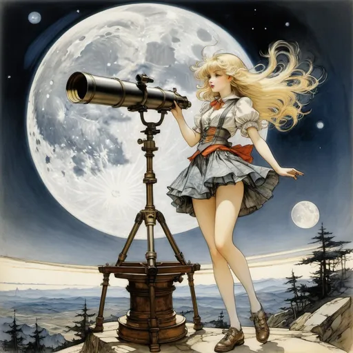 Prompt: Arthur Rackham, Jack Binder, Surreal, mysterious, bizarre, fantastical, fantasy, Sci-fi, Japanese anime, giant assembling glass astronomical telescope, the moon seen from the earth, exploration of extraterrestrial life and celestial mechanics, dynamics of boundary knowledge, beautiful blonde miniskirt girl Alice, perfect voluminous body, detailed masterpiece 