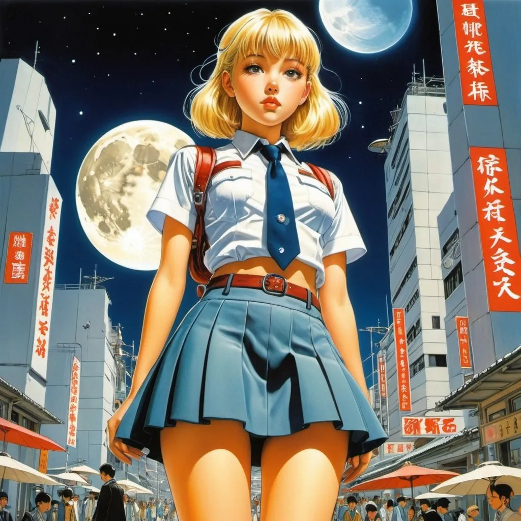 Prompt: Ottilia Adelborg, Tea Bendix, Palle Nielsen full colours, Emma Virke, Katsuhiro Otomo, Christoph Mügge, Aina Stenberg-MasOlle, Surrealism Mysterious Bizarre Fantastic Fantasy Sci-fi, Japanese Anime, Full moon on the palm of a miniskirt beautiful high school girl, perfect voluminous body, detailed masterpiece 