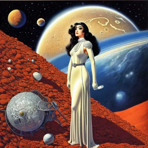 Prompt: Virgil Finlay in Colour, Heath Robinson, Surreal, mysterious, strange, fantastical, fantasy, Sci-fi, Japanese anime, Mars in the White Ram, long-haired beautiful girl in a dress, perfect voluminous body, Mars Eclipse Engine, detailed masterpiece vibrant colours 