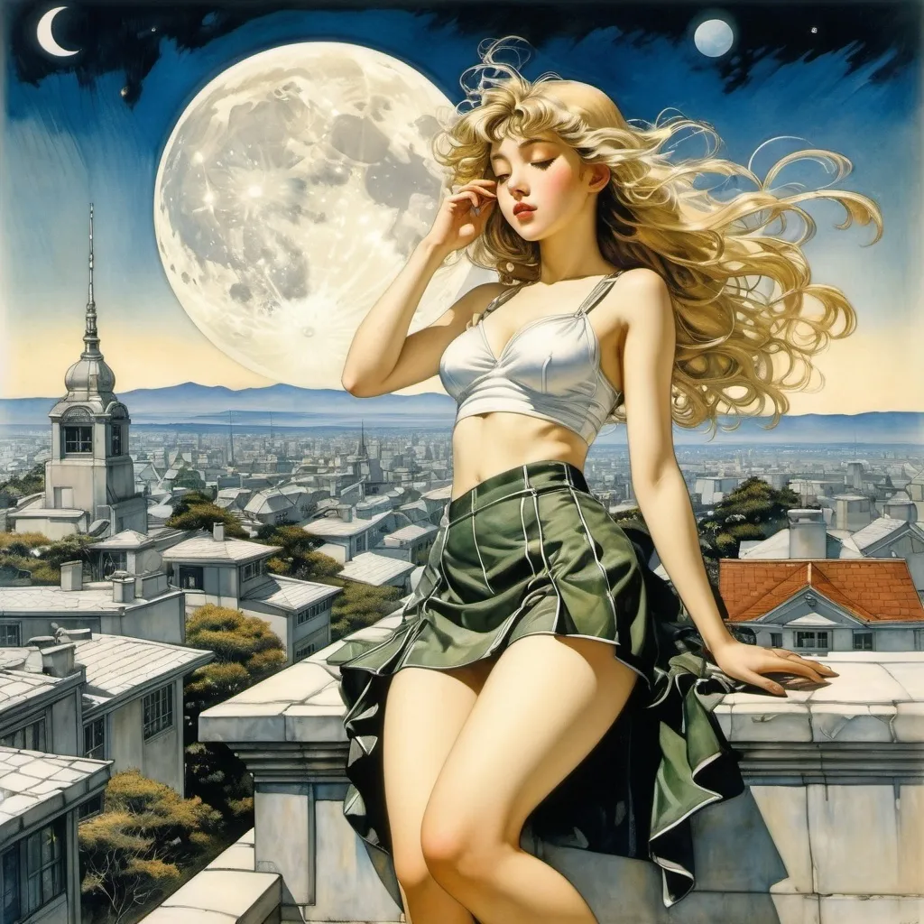 Prompt: Arthur Rackham, Hajime Sorayama, Kazumi Kazui, Elizabeth Shippen Green, Frank Leyendecker, Surrealism, wonder, strange, bizarre, fantasy, Sci-fi, Japanese anime, city date and time bell, bright sky map on a triangular street corner, the moon and a beautiful high school girl in a miniskirt sleeping on the roof, perfect voluminous body, detailed masterpiece low high angles perspectives 