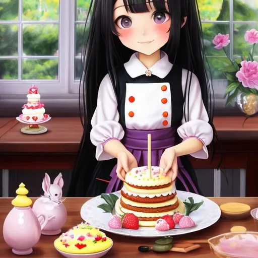 Prompt: Tomoko Ninomiya drawing, Mabel Attwell, Surreal, mysterious, bizarre, fantastical, fantasy, Sci-fi, Japanese anime Alice, a beautiful blonde miniskirt girl at the cooking class. The teacher is the Queen of Hearts. Today she is making a shortcake. The cake is bigger than Alice. A smiling Alice. Rabbits and card soldiers. A bird's-eye view of the dynamism that surprised everyone, detailed masterpiece manga drawings cute 