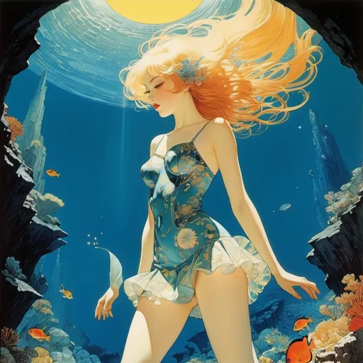 Prompt: Alberto Savinio, Horacio Altuna, Edd Cartier, Karel Teige, Harry Clarke, Surrealism, mysterious, strange, bizarre, fantasy, Sci-fi, Japanese anime, a world straight out of an encyclopedia, the sun shining on the ocean floor, a beautiful girl in a miniskirt diving into minerals, perfect voluminous body, detailed masterpiece 