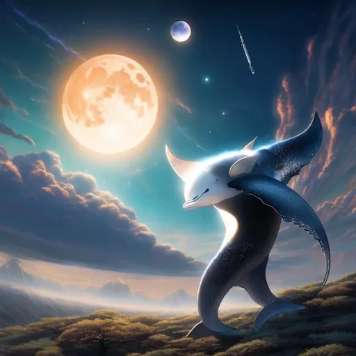 Prompt: Shigeru Tamura, Gary A. Lippincott, Surreal, mysterious, strange, fantastic, fantasy, Sci-fi, Japanese anime, cracked moon, migratory whale in the sky, miniskirt beautiful captain, perfect voluminous body, detailed masterpiece 