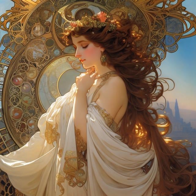 Prompt: Alphonse Mucha, Julie Bell, Surreal, mysterious, strange, fantastical, fantasy, Sci-fi fantasy, anime, ancient pi, the world of beautiful and mysterious spheres, Kepler's prediction, beautiful girl, perfect body, Steinmetz's solidity, immobile bodies and breathing machine, detailed masterpiece 