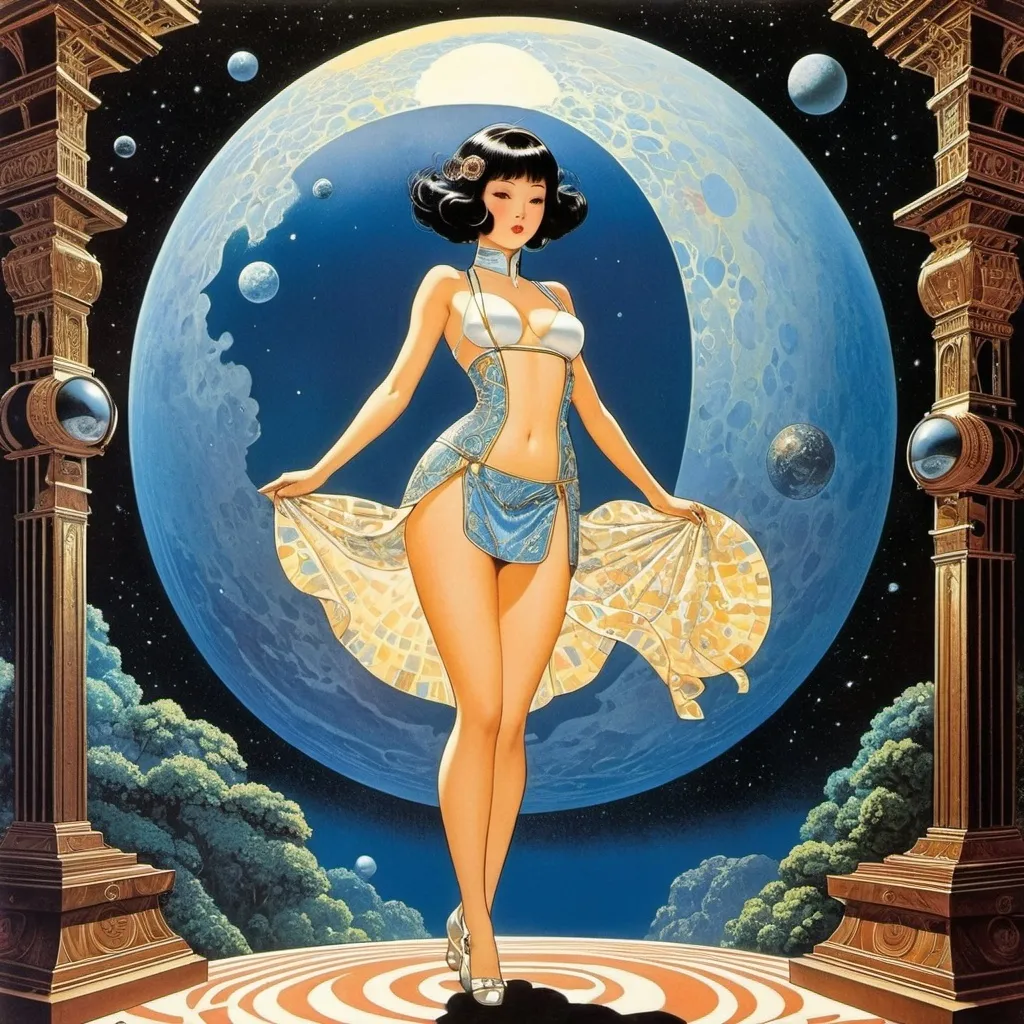 Prompt: George Barbier, Don Maitz, Yukiko Kai, Aapo Rapi, Virgil Finlay, Surrealism, mysterious, bizarre, fantastical, fantasy, Sci-fi, Japanese anime, planet falling through the time axis, looping universe, research of a mini-skirt beautiful girl doctor, perfect voluminous body, detailed masterpiece 