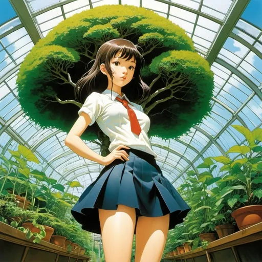 Prompt: Kikuji Yamashita, F. K. Waechter, Satoshi Kon, Erik Kriek, Peter Spier, Surrealism, wonder, bizarre, bizarre, fantasy, sci-fi, Japanese anime, a beautiful high school girl in a miniskirt growing from a giant bonsai, perfect voluminous body, a glass greenhouse in the city, plants singing at night, detailed masterpiece 