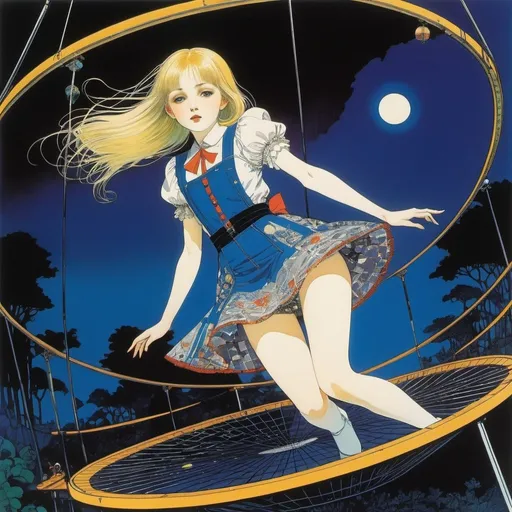 Prompt: Harry Clarke, Jean-Claude Mezieres, Surreal, mysterious, strange, fantastical, fantasy, Sci-fi, Japanese anime, beautiful blonde miniskirt girl Alice playing on the trampoline, perfect voluminous body, Land of Shadows, detailed masterpiece 