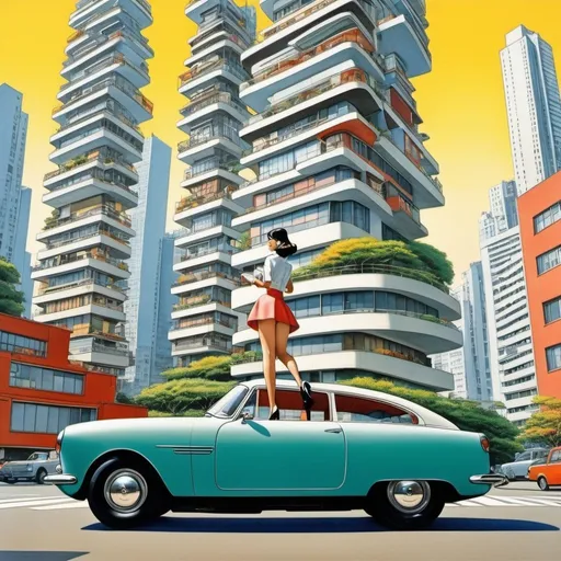 Prompt: Le Corbusier, Bruno Taut, Surreal, mysterious, bizarre, fantastical, fantasy, Sci-fi, Japanese anime, real estate agent of the future, flying between the skyscrapers of Tokyo in a floating car and guiding customers through properties. Beautiful real estate lady in miniskirt, perfect voluminous body, detailed masterpiece hand colour drawings