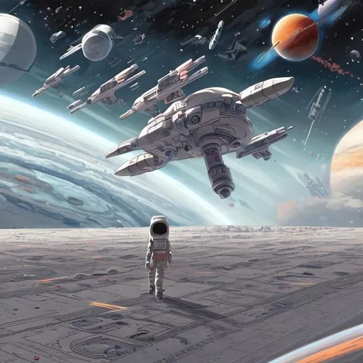 Prompt: Kenji Tsuruta art style, space port, starship landing, a girl in pilot suit walking toward the starship, double mars in sky, several starships flying away far in background, detailed, sci fi, illustration 