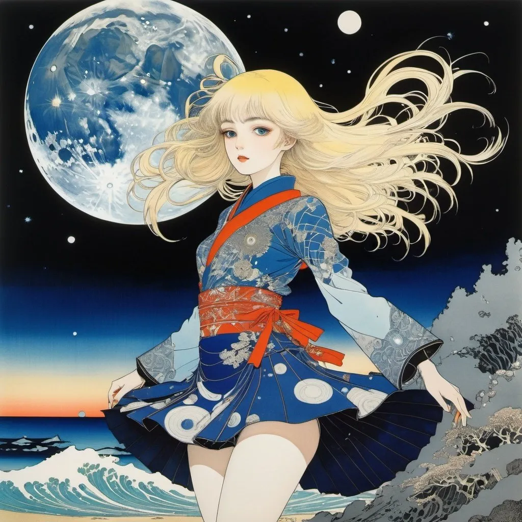 Prompt: Harry Clarke, Hiroshi Masumura, futuristic Hokusai Katsushika, Surreal, mysterious, strange, fantastical, fantasy, Sci-fi, Japanese anime, the moon walking on the earth, the galaxy in the darkness, collecting seashells, blonde miniskirt beautiful girl Alice, perfect voluminous body, detailed masterpiece 