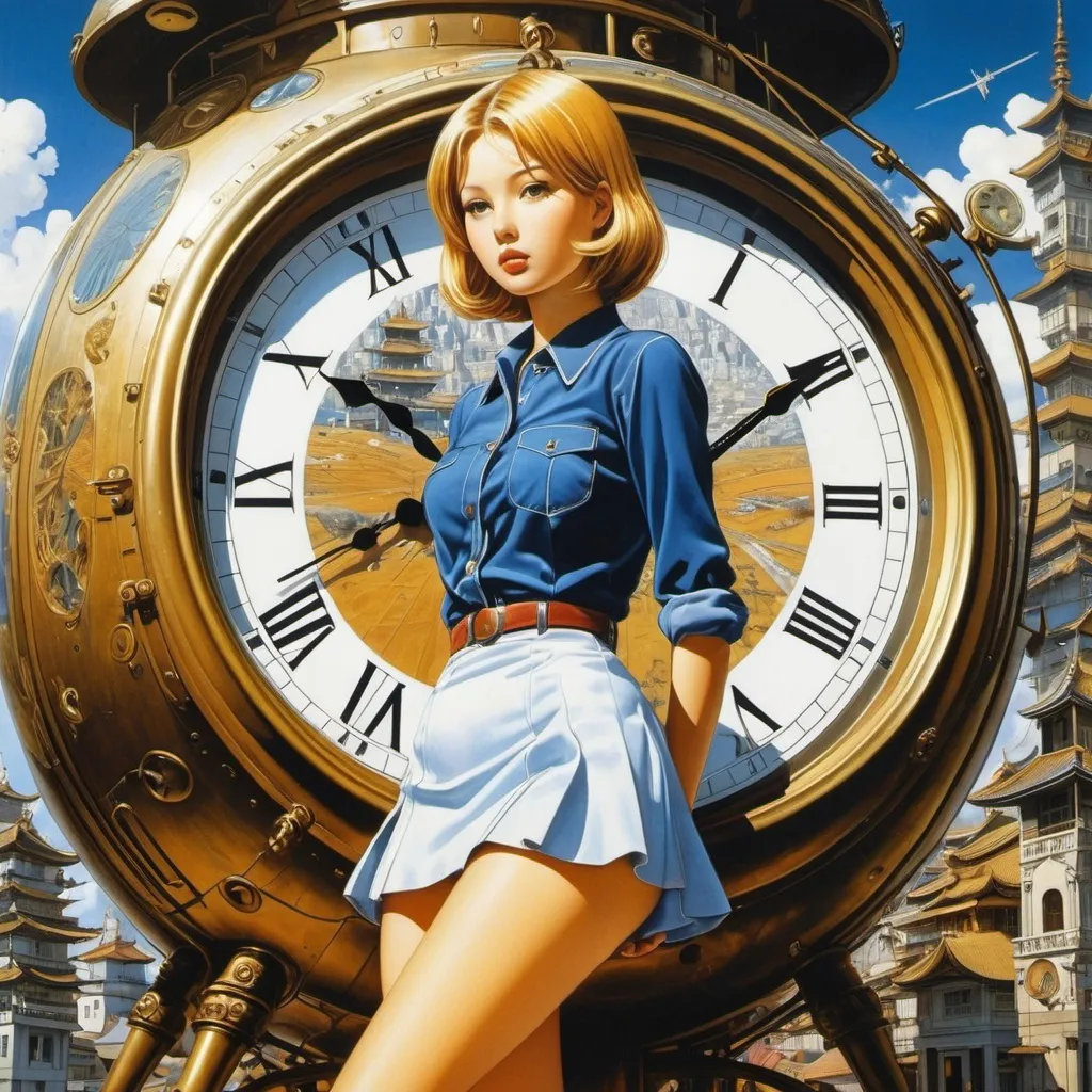 Prompt: Olga Siemaszko, Henriette Willebeek le Mair, Pawel Pawlak, katsuhiro Otomo, Surrealism, wonder, strange, fantastical, fantasy, Sci-fi, Japanese anime, invention of the miniskirt beautiful girl, perfect voluminous body, structure of time, dream time, philosophical time, clock as an object, detailed masterpiece 