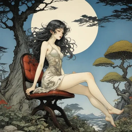 Prompt: Arthur Rackham, Takato Yamamoto, Takeshi Koike, Aladár Körösfői-Kriesch, Hannes Bok, Surrealism, wonder, strange, fantastical, fantasy, Sci-fi, Japanese anime, Leviathan in the Miniature Garden, World Tree Chair, Miniskirt Beautiful Girl Cultivating the Sun, perfect voluminous body, From the Window in the Sky, detailed masterpiece low high angles perspectives 