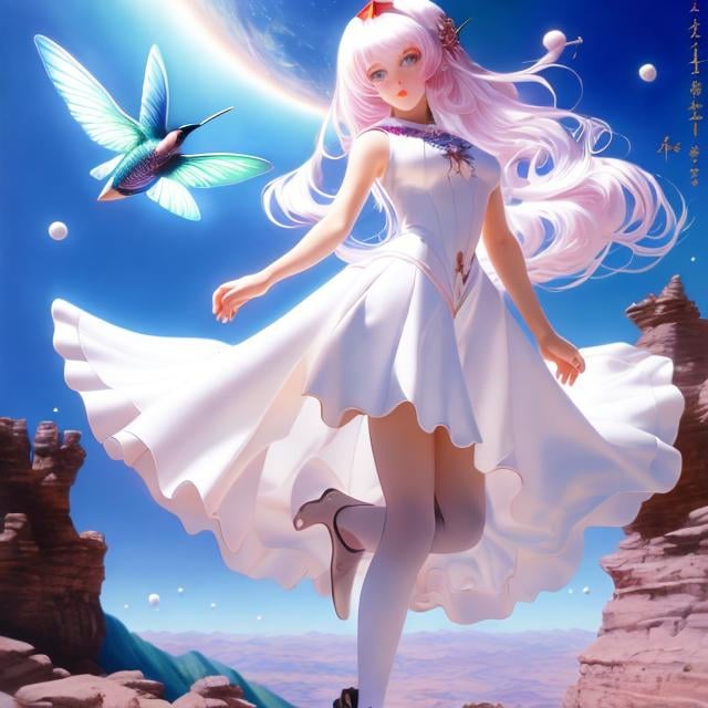 Prompt: Stanislao Lepri, Margaret Tarrant, Mysterious, strange, surreal, bizarre, fantasy, Sci-fi, Japanese anime, Hummingbird and miniskirt beautiful girl, perfect voluminous body, dream of gravity, detailed masterpiece 