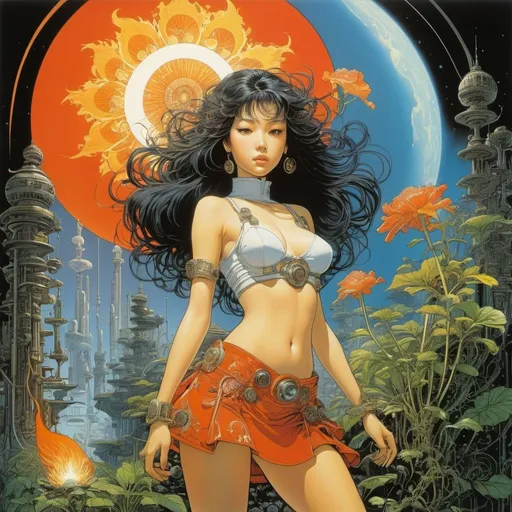 Prompt: Eric Bourgier, Philippe Druillet, Katsuya Terada, Surrealism, strange, bizarre, fantastical, fantasy, Sci-fi, Japanese anime, the private lives of plants, a beautiful girl in a miniskirt blooming with flames, perfect voluminous body, a distant mechanical civilization, detailed masterpiece 