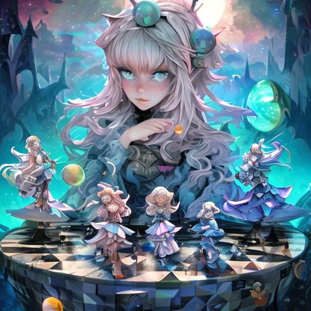 Prompt: Margaret Tarrant, Charles Doyle, Japanese Anime　surreal　fanciful　wondrous　strange　Whimsical　Sci-Fi Fantasy　Chessboard under the moon Chess pieces of geometric solids　Girl Alice