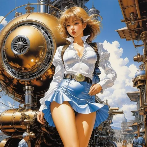 Prompt: Masamune Shirow, Naoyuki Kato, Hajime Sorayama, Lee Brown Coye full colours, Florence Mary Anderson, Surrealism, Mysterious, Bizarre, Outlandish, Fantasy, Sci-Fi, Japanese Anime, From Steam Engines to Entropy, Thermology and Power Technology, Steam Turbines that Rotate the Earth, Beautiful High School Girl in Miniskirt, perfect voluminous body, detailed masterpiece 