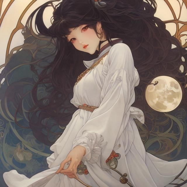 Prompt: Alphonse Mucha, James Jean, Katsuhiro Otomo, Surreal, mysterious, bizarre, fantastical, fantasy, Sci-fi, Japanese anime, beautiful miniskirt vampire queen in a sailor suit, short black hair, cute face, perfect voluminous body, walking the streets of Tokyo at night with her black dog, a huge moon, hyper detailed masterpiece high resolution definition quality, depth of field cinematic lighting 