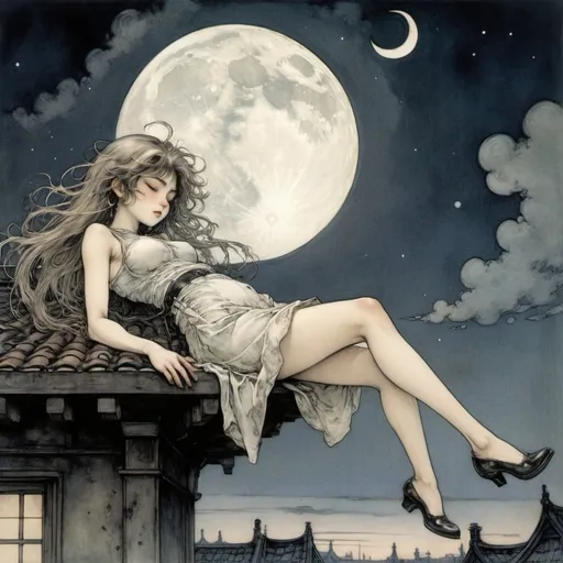 Prompt: Arthur Rackham, Yoko Kamio, Surreal, mysterious, strange, fantastical, fantasy, Sci-fi, Japanese anime, miniskirt beautiful girl sleeping hugging the crescent moon, perfect voluminous body, meteor shower, rooftop, detailed masterpiece 