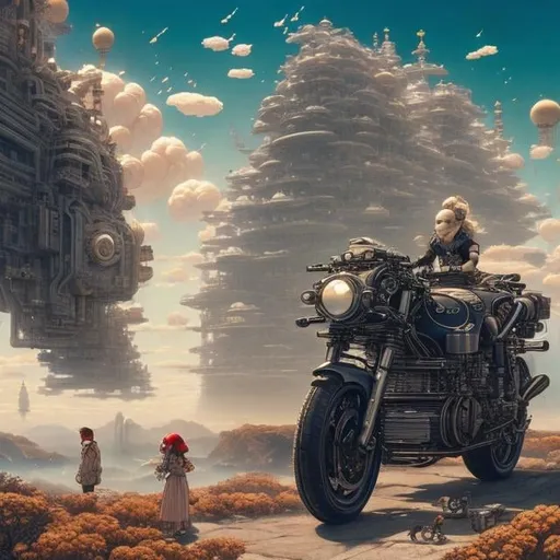 Prompt: Katsuhiro Otomo, Charles Robinson, Surreal, mysterious, strange, fantastical, fantasy, Sci-fi, Japanese anime, Doomsday picnic, beautiful motorcycle girl, planet in a bottle, detailed masterpiece, depth of field cinematic lighting