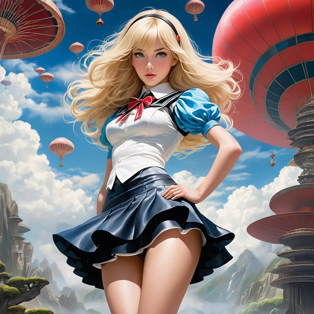 Prompt: Anne Anderson, Alberto Savinio, Surreal, mysterious, strange, fantastical, fantasy, Sci-fi, Japanese anime, symphonic icons, experimental theater, blonde miniskirt beautiful girl Alice, perfect voluminous body, detailed masterpiece 