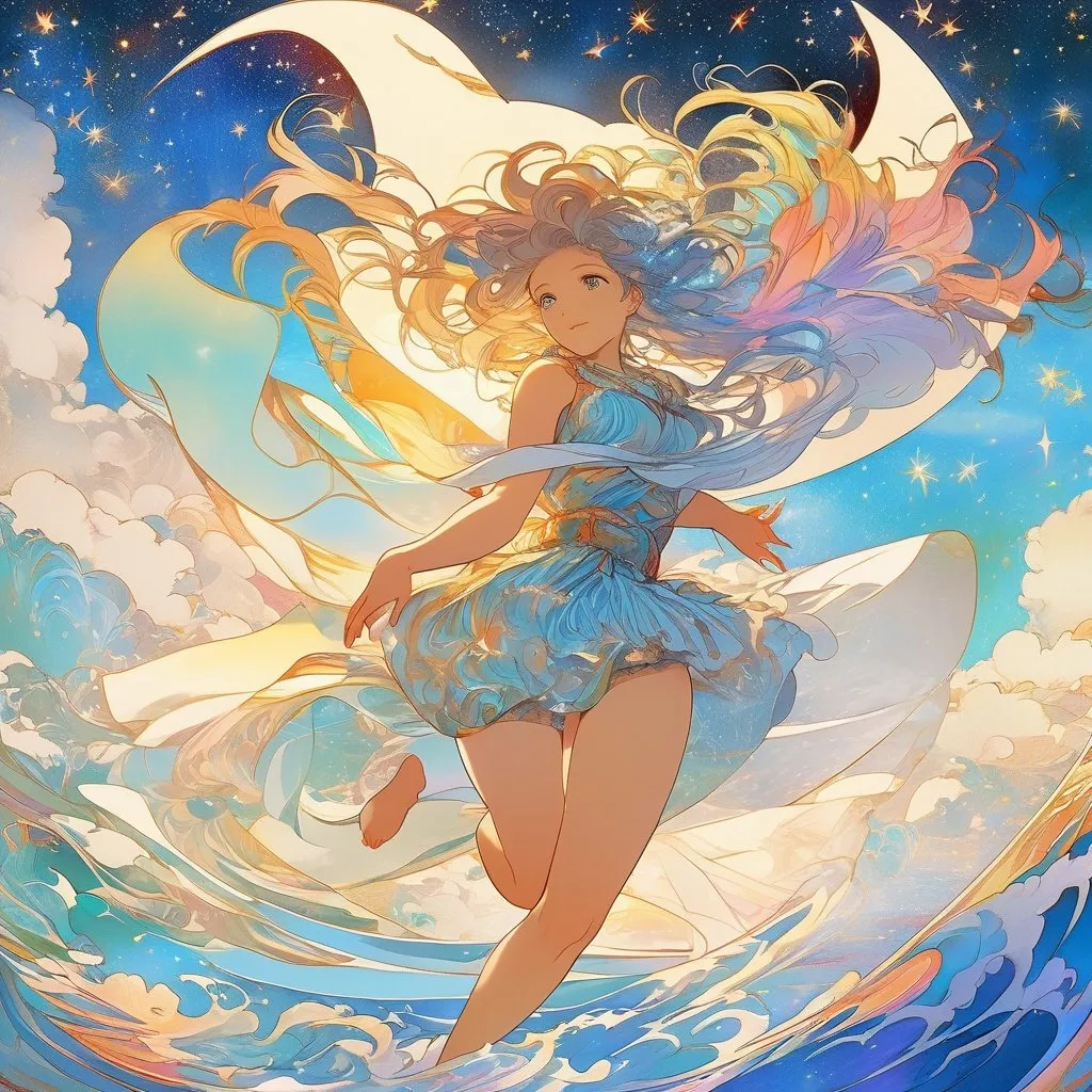 Prompt: Toriko Chiya, Alphonse Mucha, Surreal, mysterious, strange, fantastical, fantasy, sci-fi, Japanese anime, cloud path, rainbow bridge, miniskirt beautiful girl who sails the sails of her soul on the sea of ​​stars, perfect voluminous body, detailed masterpiece 