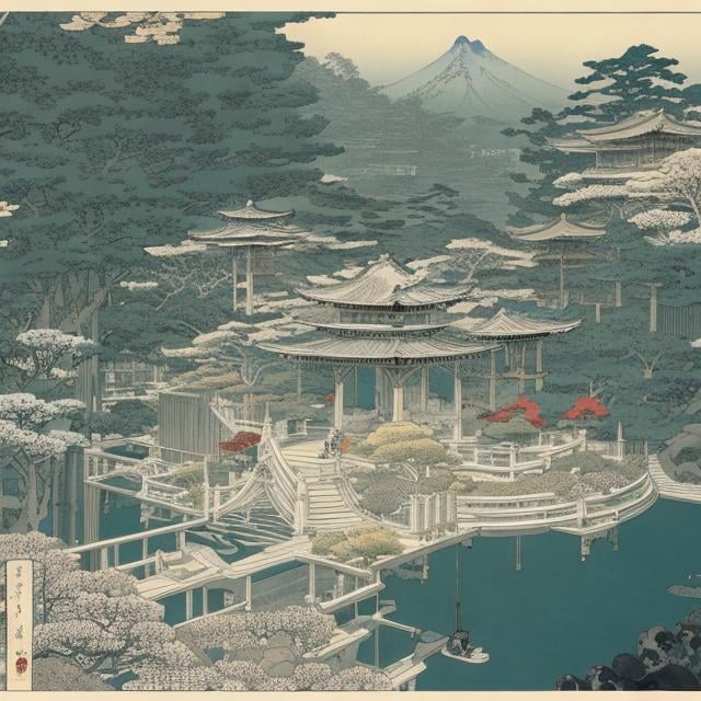 Prompt: Ukiyo-e style　Heath Robinson, Lebbeus Woods, Japanese anime Imaginary Garden of Babylon　Eros　detailed high resolution