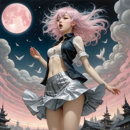 Prompt: Arthur Rackham, James Jean, Surreal, mysterious, strange, fantastical, fantasy, sci-fi, Japanese anime, punk rock miniskirt vocalist beautiful girl, silver pink hair, perfect voluminous body, shouting into the night universe, bird's eye view, detailed masterpiece 