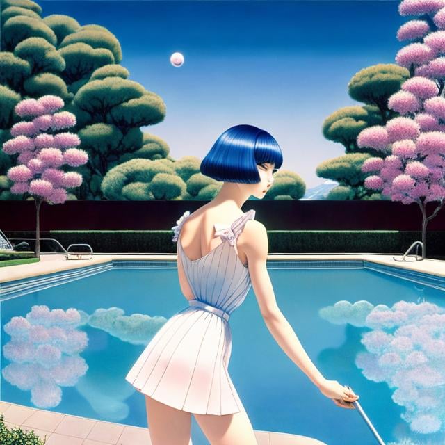 Prompt: Moto Hagio, Paul Delvaux, Surreal, mysterious, strange, fantastical, fantasy, Sci-fi, Japanese anime, blue silver night, a moon about 4 meters in diameter floating in the school pool, a beautiful high school girl in a miniskirt standing by the pool, looking at the moon, perfect voluminous body, detailed masterpiece 