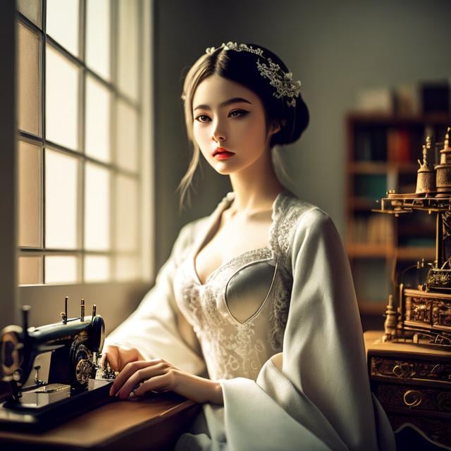 Prompt: Franciska Clausen, Eileen Fox Vaughan, Mysterious Weird Surreal Fantastic Fantasy Sci-Fi, Japanese Anime, Birdcage Old Sewing Machine, Young Lady, perfect voluminous body, detailed masterpiece 