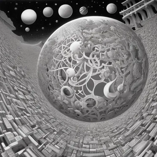 Prompt:  M C Escher, Surreal, mysterious, strange, bizarre, fantasy, Sci-fi, Japanese anime, internet surfing, beautiful girl perfect voluminous body, cyber world, the ocean of the internet is infinite, solar system, detailed masterpiece 